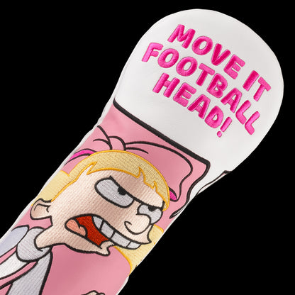 Pink Helga fairway cover with “Move It Football Head” quote.