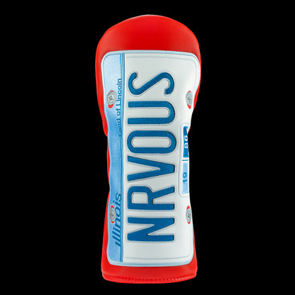 Rewind Golf x Ferris Bueller's Day Off official NRVOUS 1986 IL license plate on red material. 