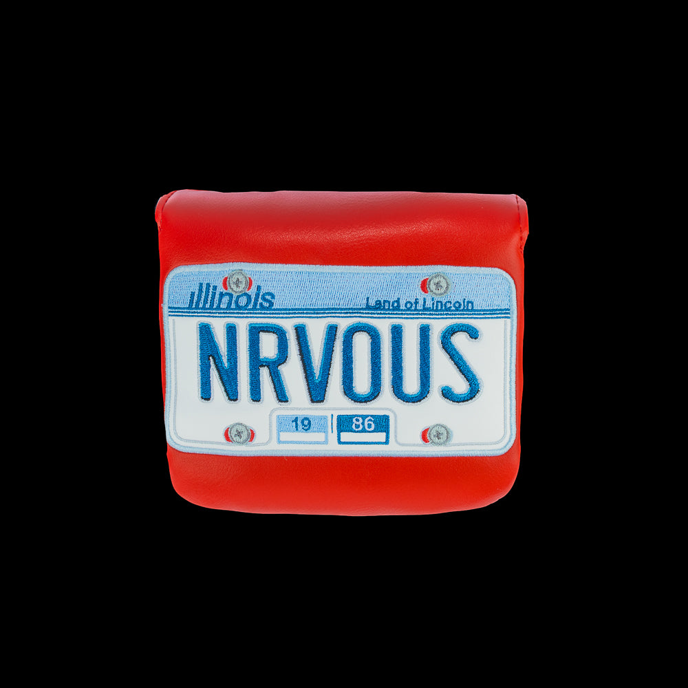 Rewind Golf x Ferris Bueller's Day Off official NRVOUS licensed plate themed mallet golf headcover on red material. 