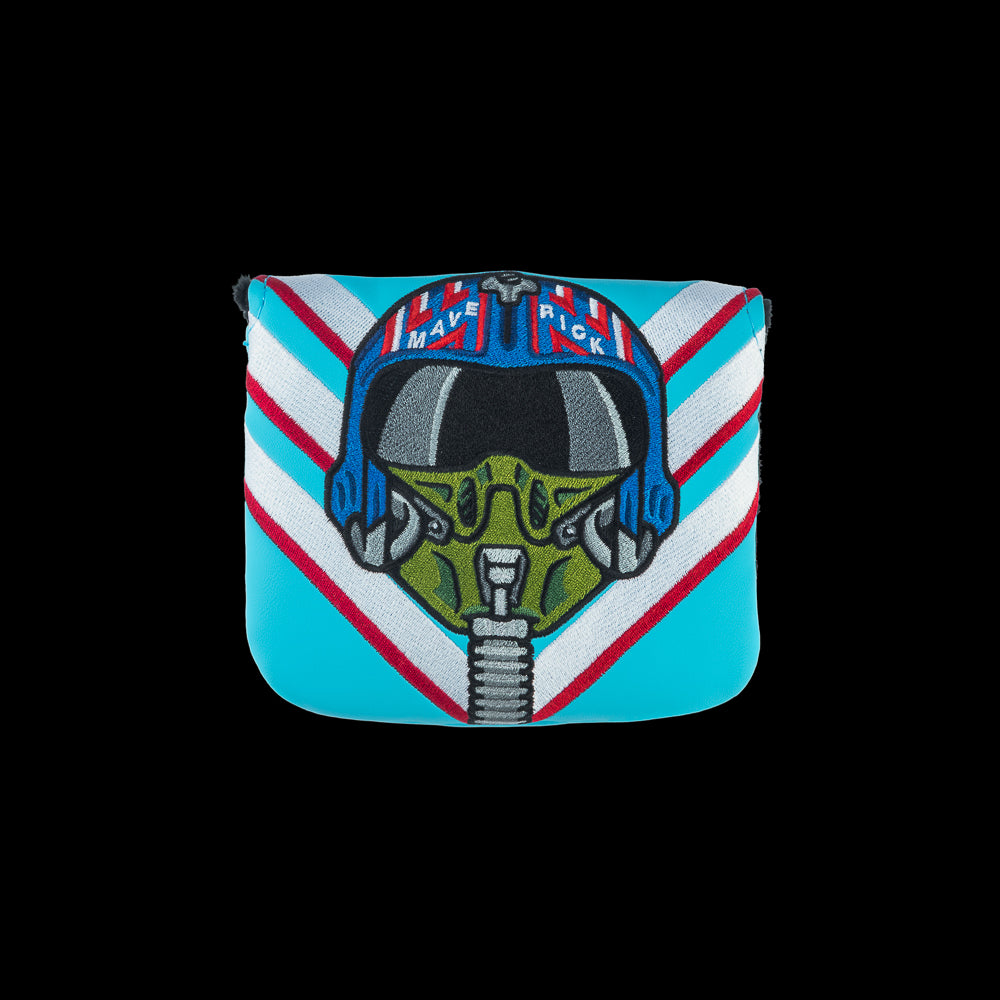 Rewind Golf x Top Gun Need For Speed officially licensed center shaft mallet putter golf headcover featuring Maverick's helmet and a red, white, and blue design.