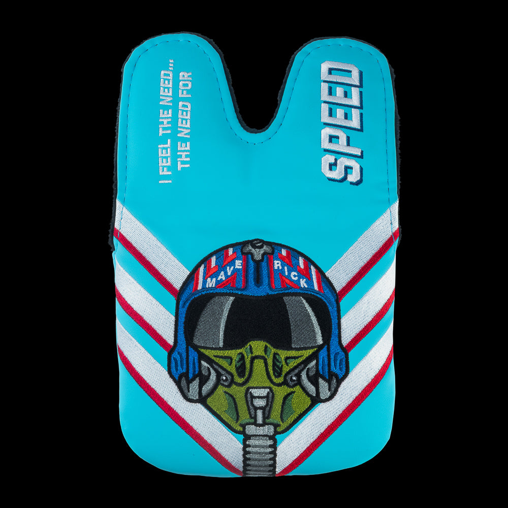 Rewind Golf x Top Gun officially licensed Need For Speed aqua, white, and red center shaft XL mallet golf headcover featuring Maverick's helmet design detail.