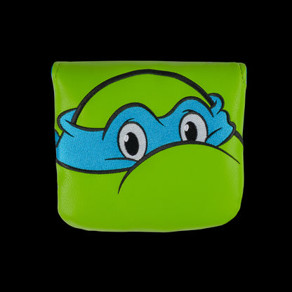 TMNT green Leo large center shaft golf mallet cover with blue mask peeking design.