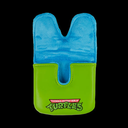 TMNT green Leo large center shaft golf mallet cover with blue mask peeking design.