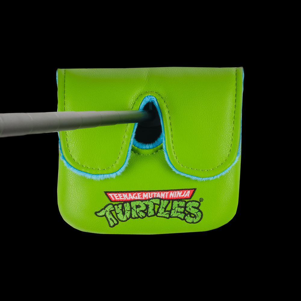 TMNT green Leo large center shaft golf mallet cover with blue mask peeking design.