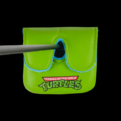 TMNT green Leo large center shaft golf mallet cover with blue mask peeking design.