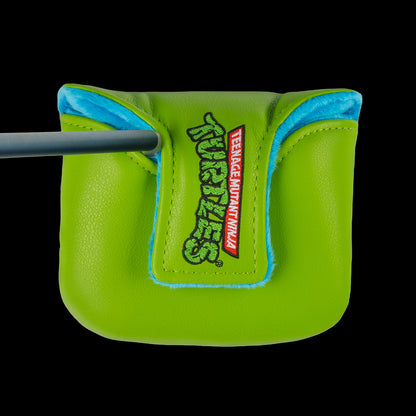 Green TMNT Leo mallet cover with blue mask peeking design.
