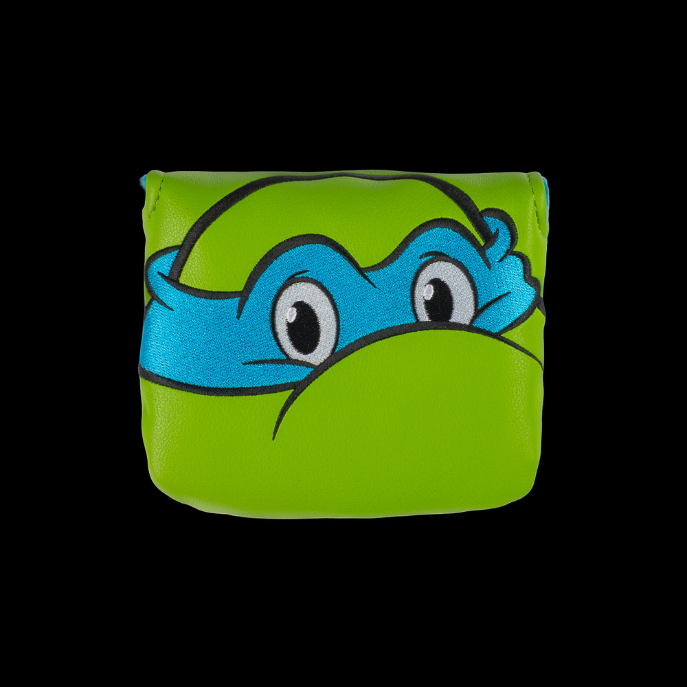 Green Leo small center shaft mallet cover with blue mask peeking design.