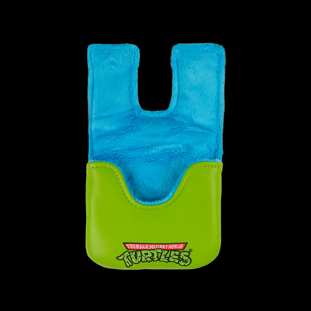 Green Leo small center shaft mallet cover with blue mask peeking design.