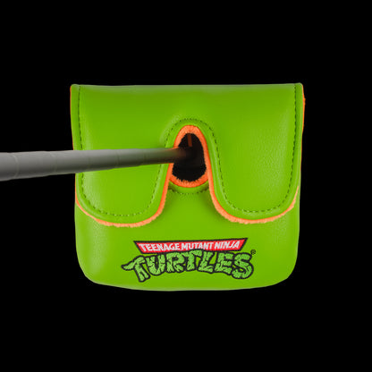 Green Mikey TMNT large center shaft golf mallet cover with orange mask peeking design.