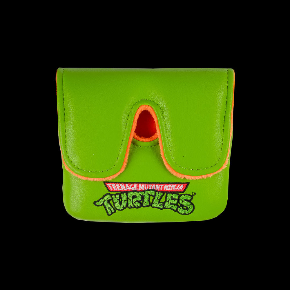 Green Mikey TMNT large center shaft golf mallet cover with orange mask peeking design.