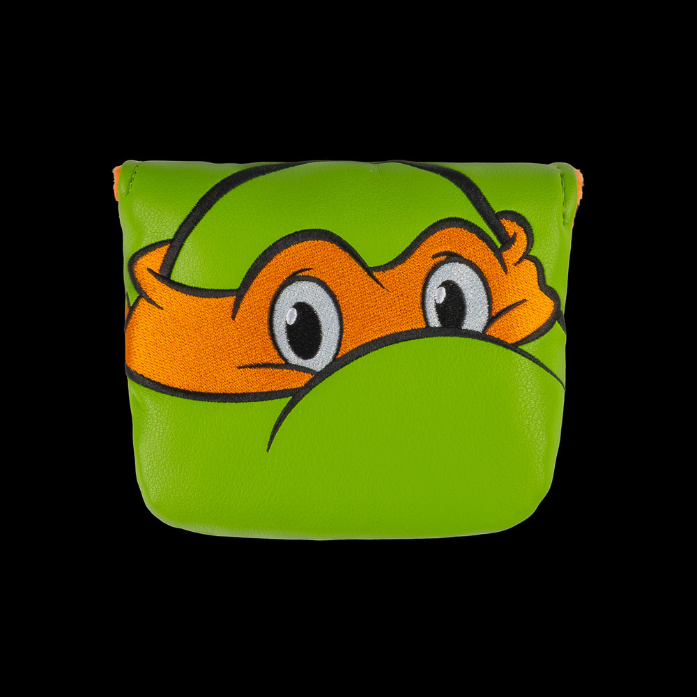 Green TMNT Mikey mallet cover with orange mask peeking design.