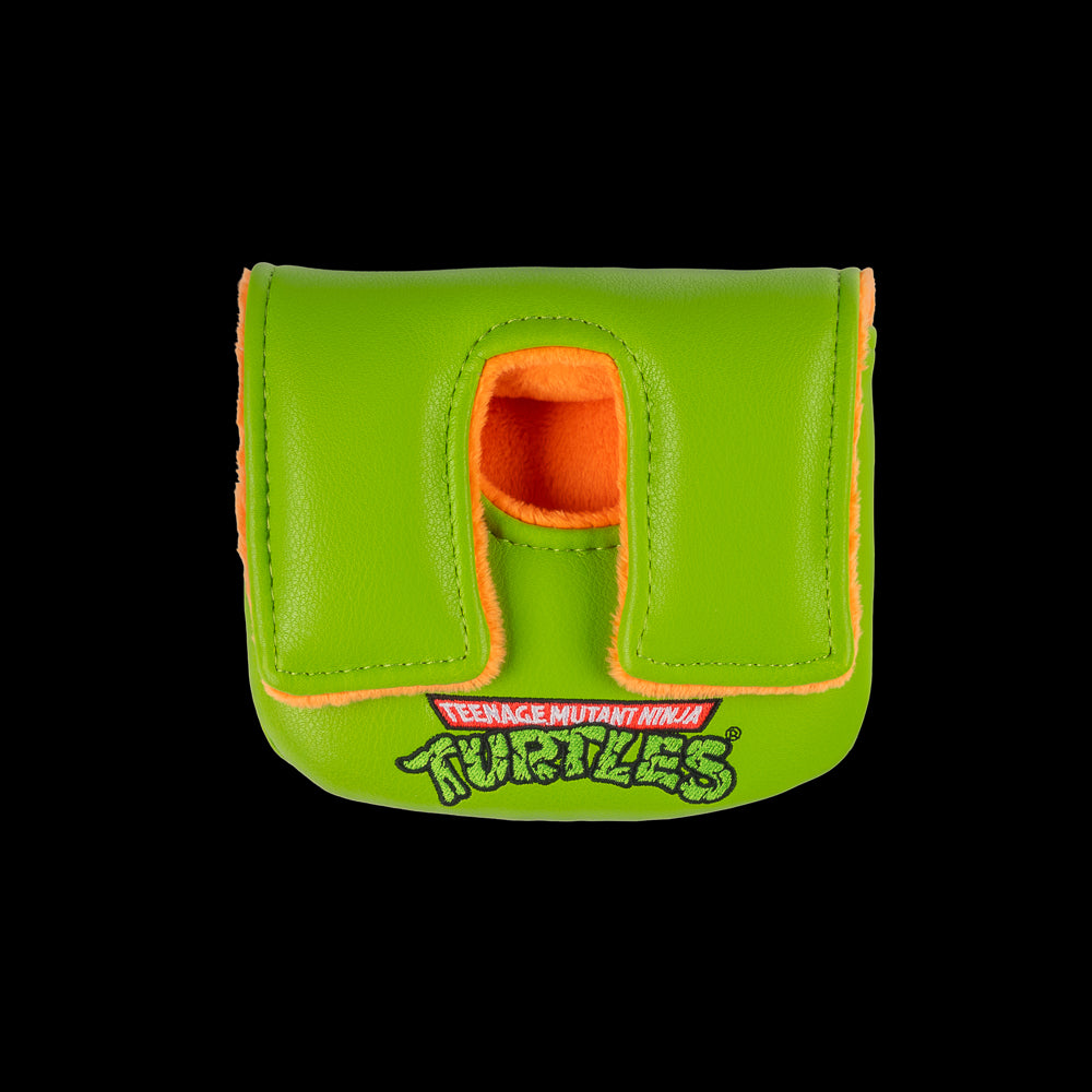 Green Mikey small center shaft mallet cover with orange mask peeking design.