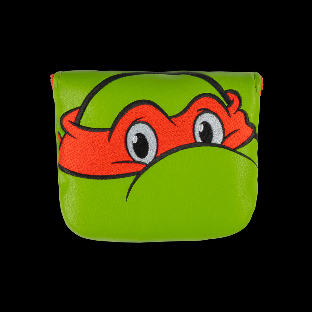 Green TMNT Raph mallet cover with red mask peeking design.