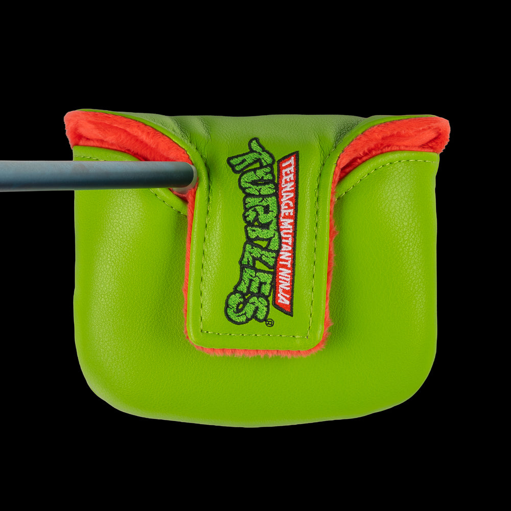 Green TMNT Raph mallet cover with red mask peeking design.