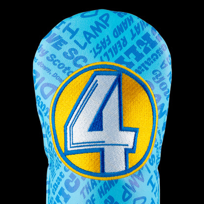 Blue Anchorman fairway cover with Channel 4 logo and quotes.