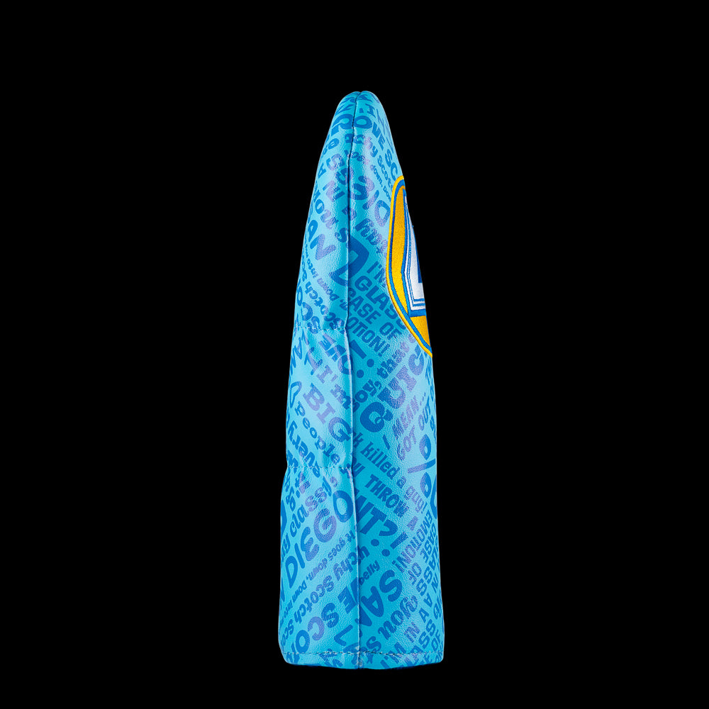 Blue Anchorman fairway cover with Channel 4 logo and quotes.