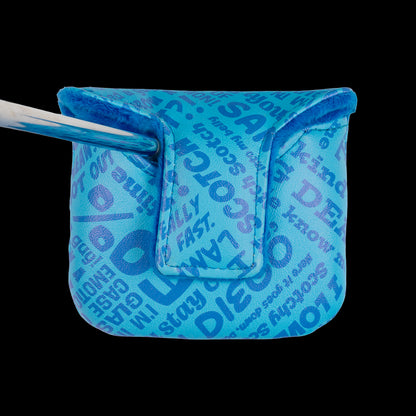 Blue Anchorman mallet putter cover with Channel 4 logo.