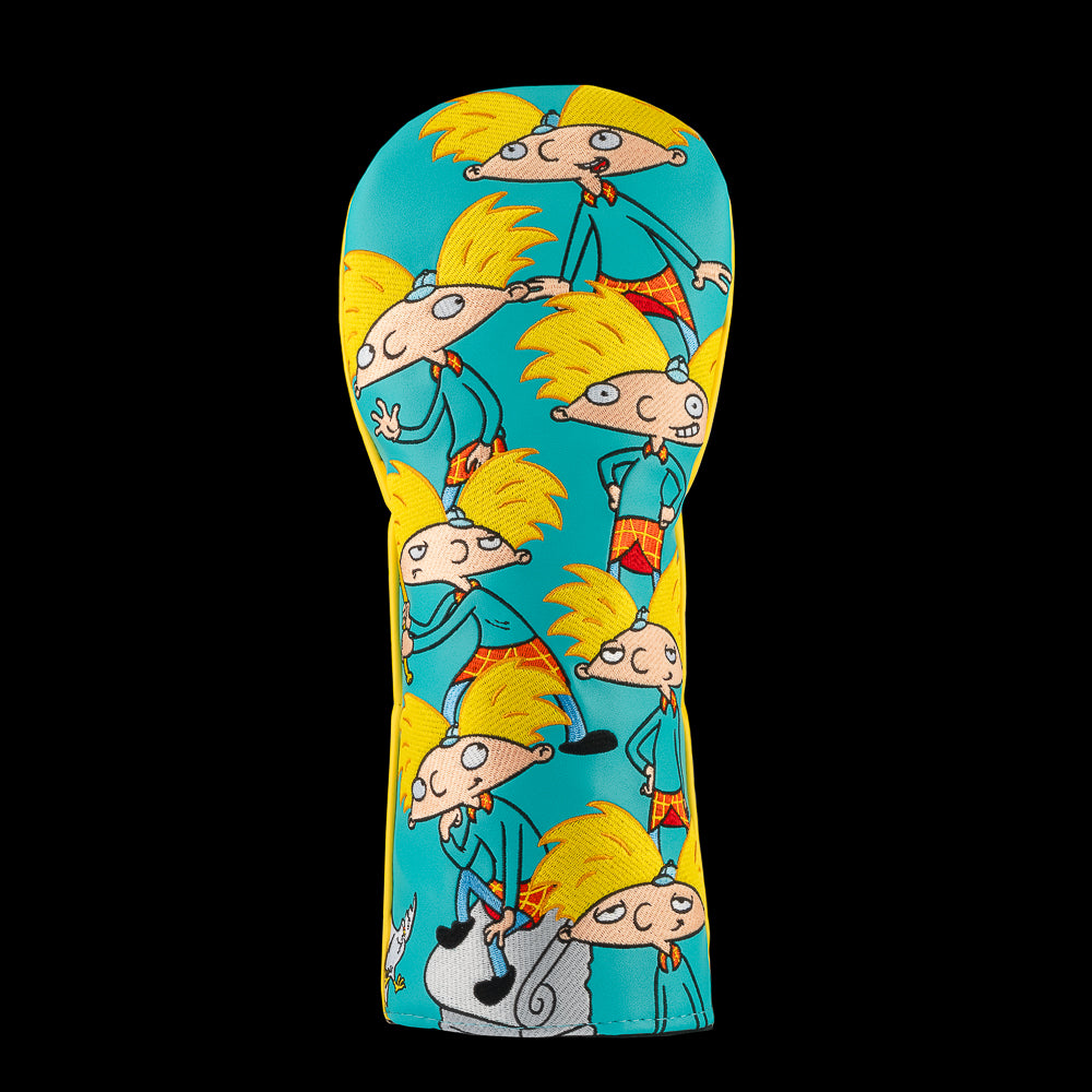 Teal and yellow Hey Arnold driver cover with stacked Arnold poses.