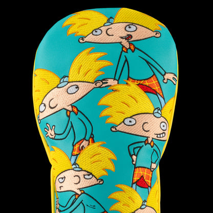 Teal and yellow Hey Arnold driver cover with stacked Arnold poses.
