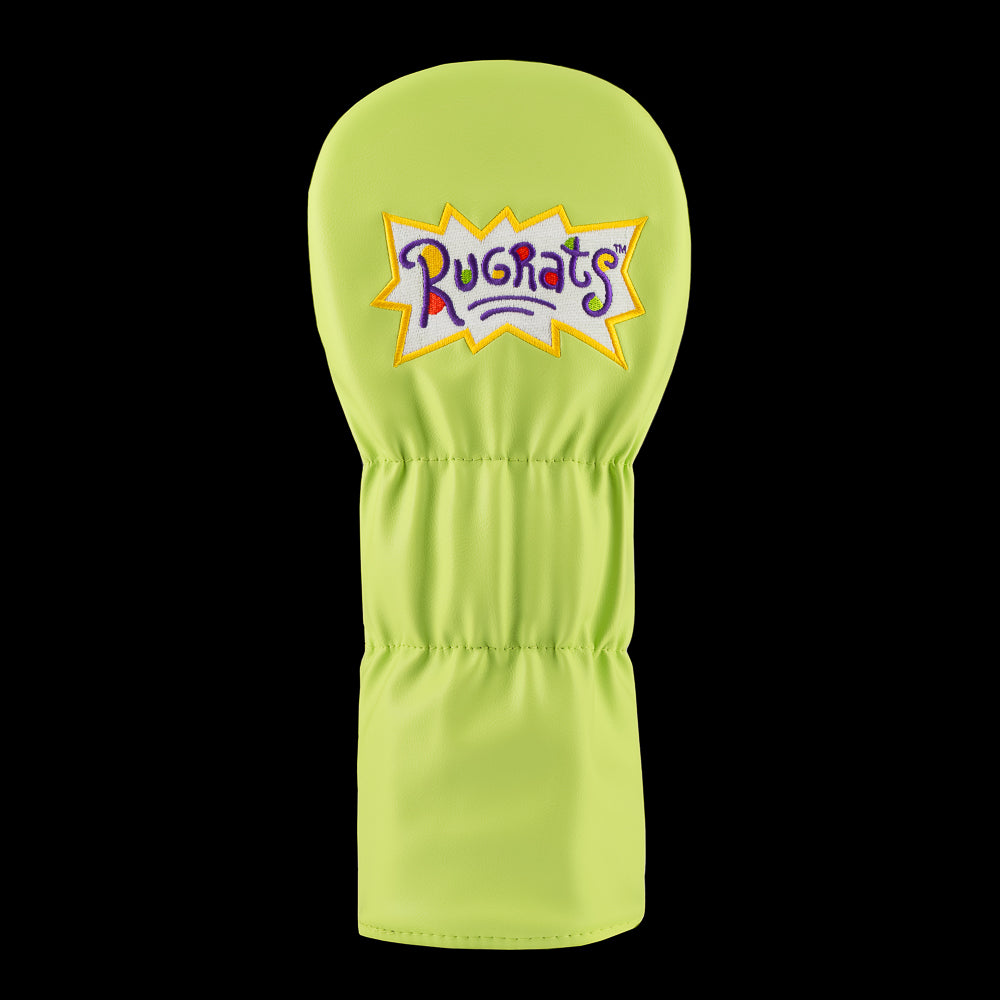 Green Rugrats Reptar driver cover with stacked cartoon Reptar design holding a building, bold Rewind Golf headcover style.