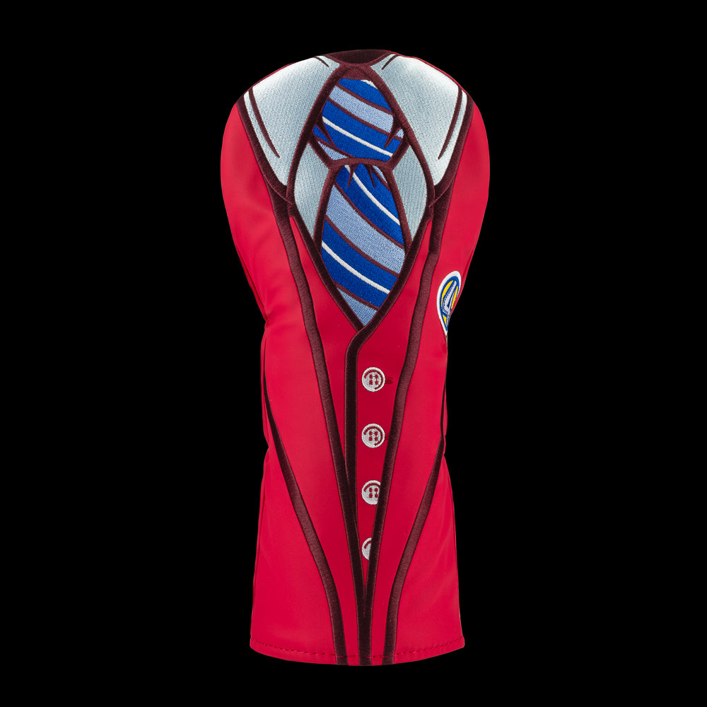 Rewind Golf x Anchorman officially licensed Ron Burgundy red suit and Channel 4 pin driver golf headcover.