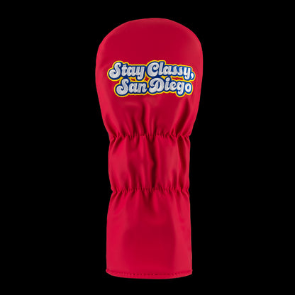 Rewind Golf x Anchorman officially licensed Ron Burgundy red suit and Channel 4 pin driver golf headcover.