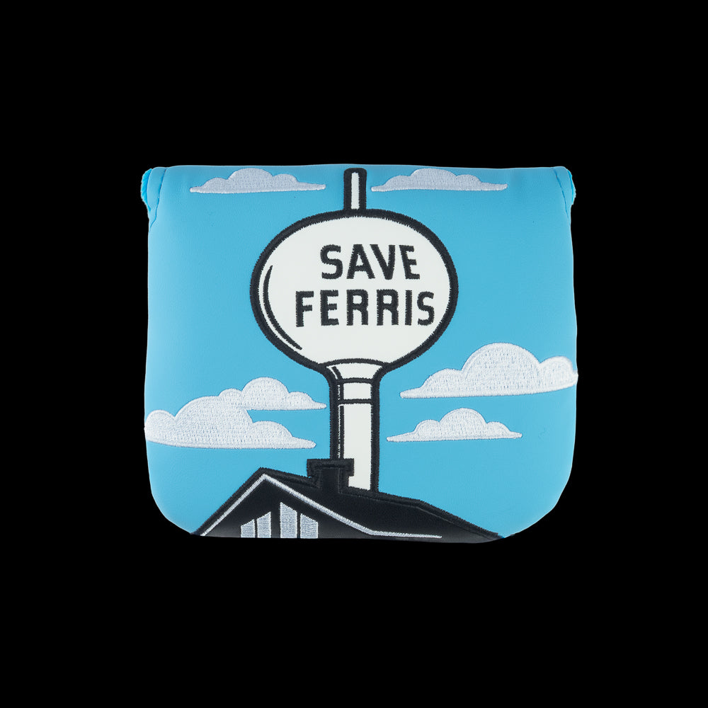 Rewind Golf x Ferris Bueller's Day Off official blue and white center shaft mallet golf headcover with Save Ferris Water Tower embroidery.