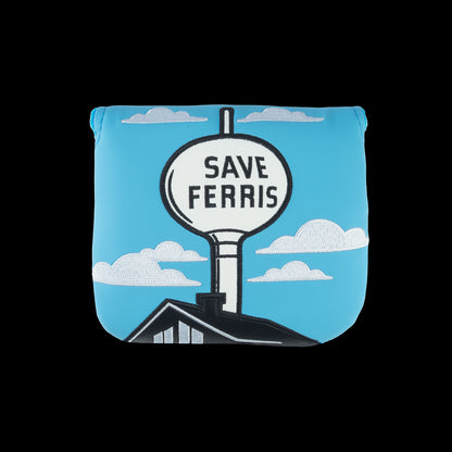 Rewind Golf x Ferris Bueller's Day Off official blue and white center shaft mallet golf headcover with Save Ferris Water Tower embroidery.