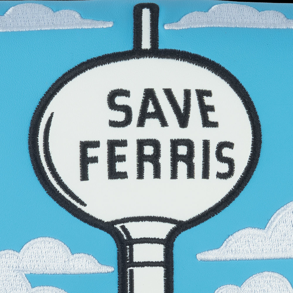 Rewind Golf x Ferris Bueller's Day Off official blue and white center shaft mallet golf headcover with Save Ferris Water Tower embroidery.