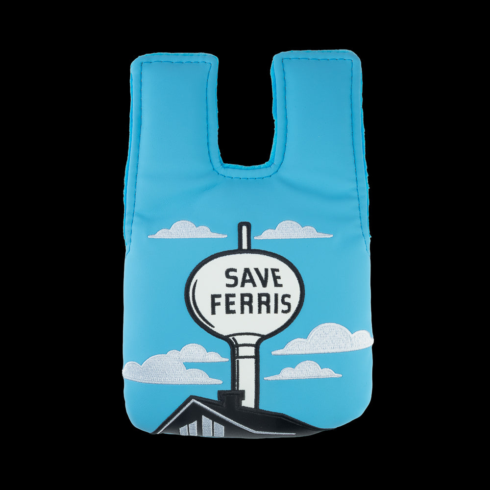 Rewind Golf x Ferris Bueller's Day Off official blue and white center shaft mallet golf headcover with Save Ferris Water Tower embroidery.