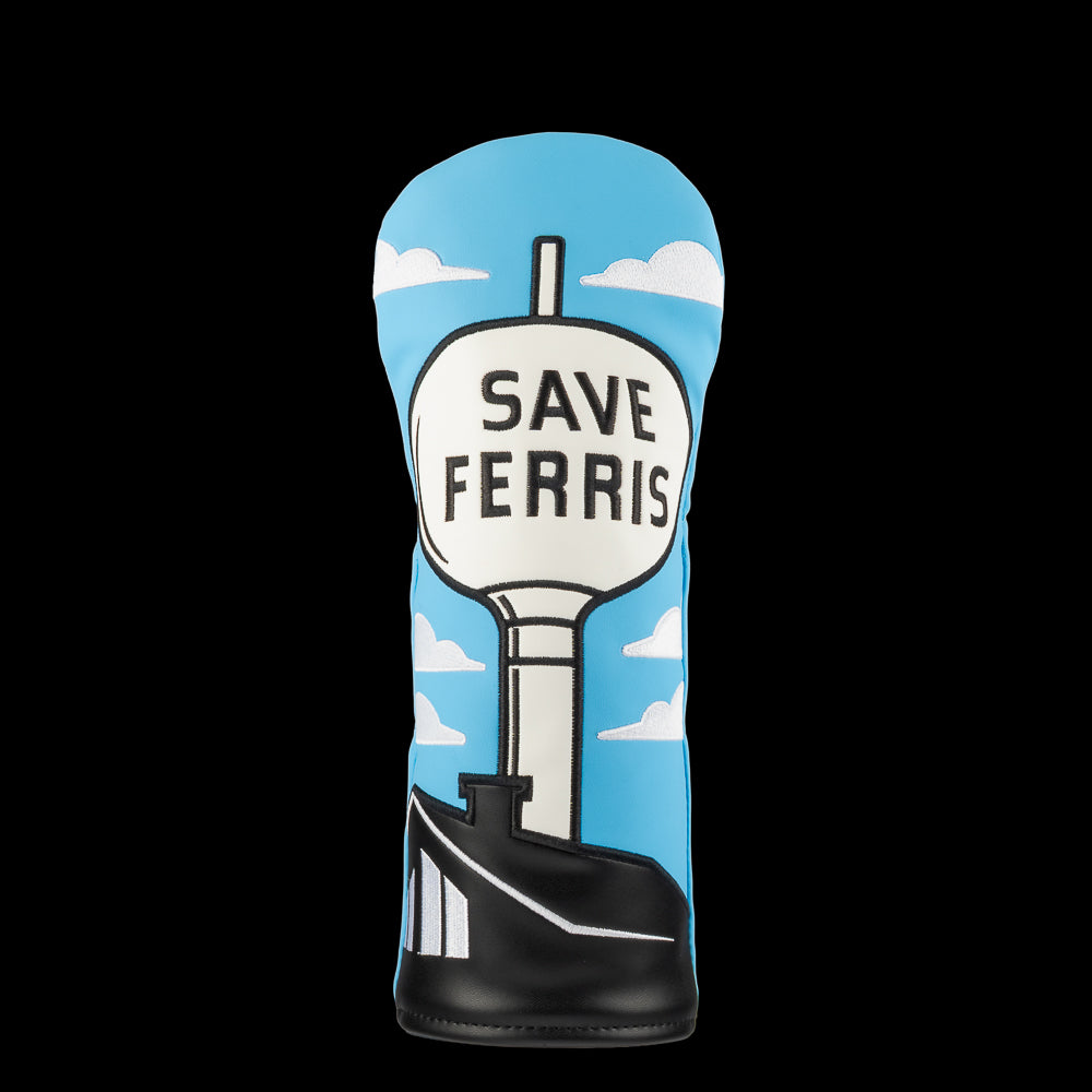 Ferris Bueller's Day Off Fairway wood golf headcover with 'Save Ferris' text and Ferris Wheel design on a blue background