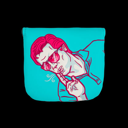 Happy Gilmore official Shooter's Tour aqua and pink Shooter McGavin themed center shaft XL mallet putter golf headcover.