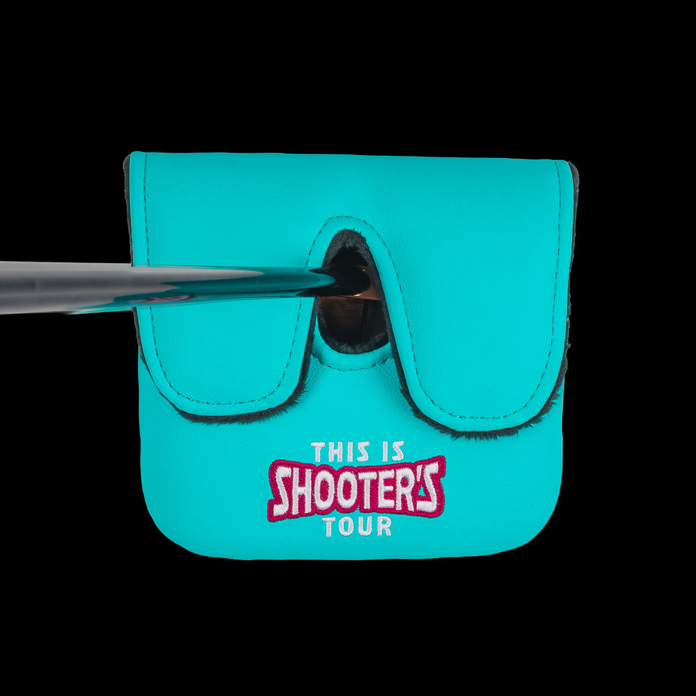 Happy Gilmore official Shooter's Tour aqua and pink Shooter McGavin themed center shaft XL mallet putter golf headcover.