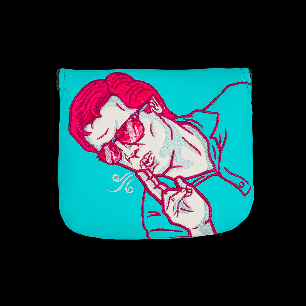 Rewind Golf x Happy Gilmore aqua and pink Shooter's Tour center shaft mallet putter golf headcover.