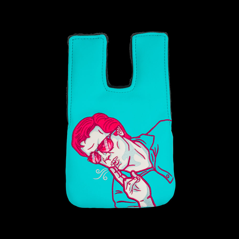 Rewind Golf x Happy Gilmore aqua and pink Shooter's Tour center shaft mallet putter golf headcover.