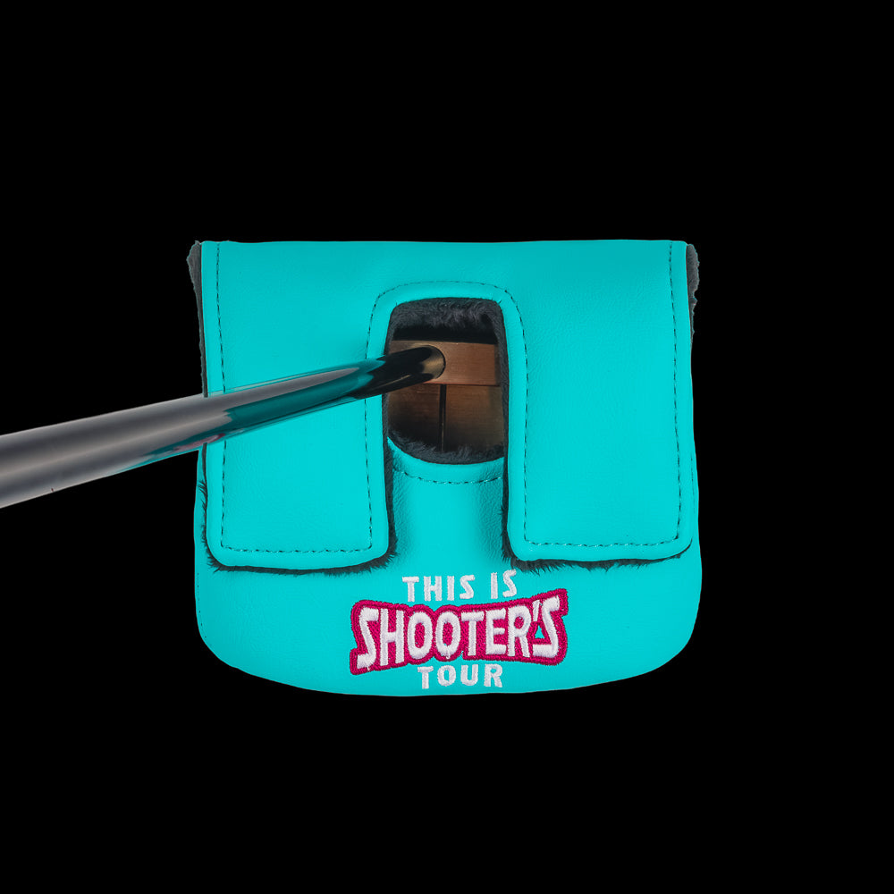Rewind Golf x Happy Gilmore aqua and pink Shooter's Tour center shaft mallet putter golf headcover.