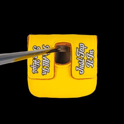 Rewind Golf x Happy Gilmore yellow Tap Tap Taparoo themed center shaft mallet golf headcover.