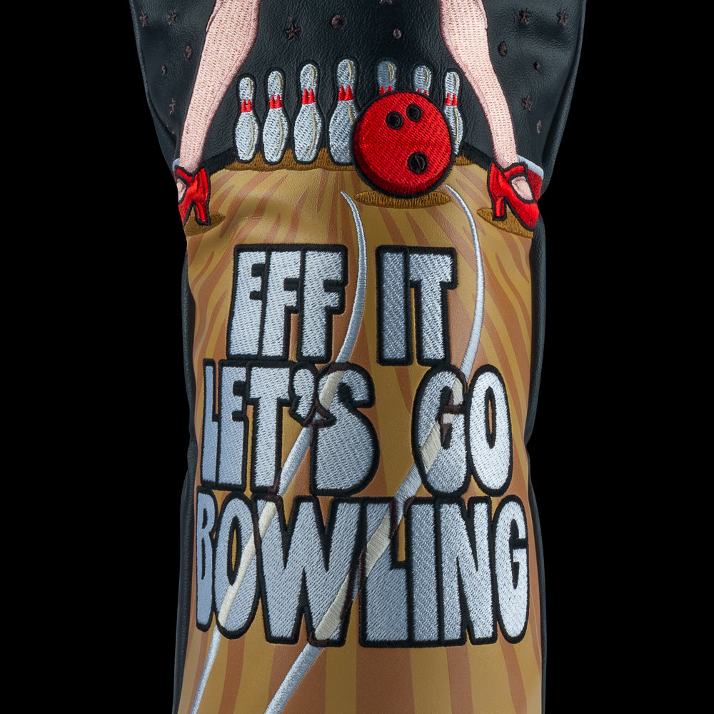 Rewind Golf x Big Lebowski official driver golf headcover with humorous design of legs bowling and text 'Eff It Let's Go Bowling' on a black background