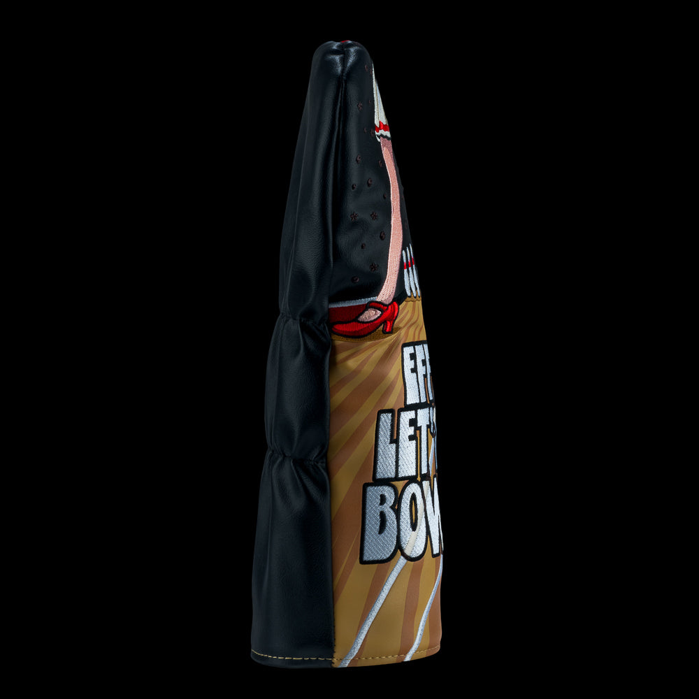 Rewind Golf x Big Lebowski official driver golf headcover with humorous design of legs bowling and text 'Eff It Let's Go Bowling' on a black background