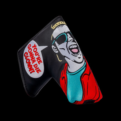 Golf club head cover with Happy Gilmore graphic design and text on a black background