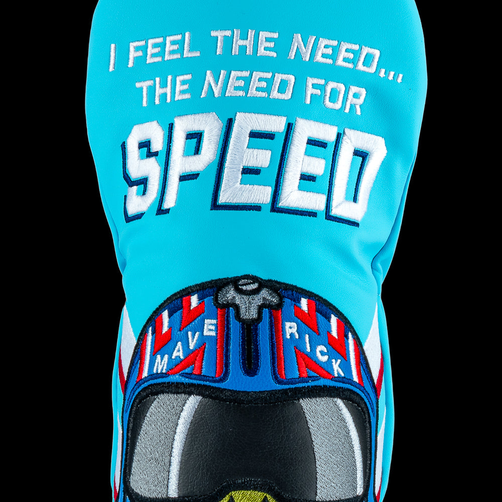 Rewind Golf x Top Gun Need For Speed official fairway wood golf headcover featuring Maverick helmet on teal material.