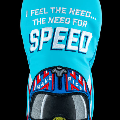 Rewind Golf x Top Gun Need For Speed official fairway wood golf headcover featuring Maverick helmet on teal material.