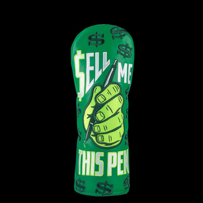 Rewind Golf x Wolf of Wall Street official green Sell Me This Pen themed fairway wood golf headcover.
