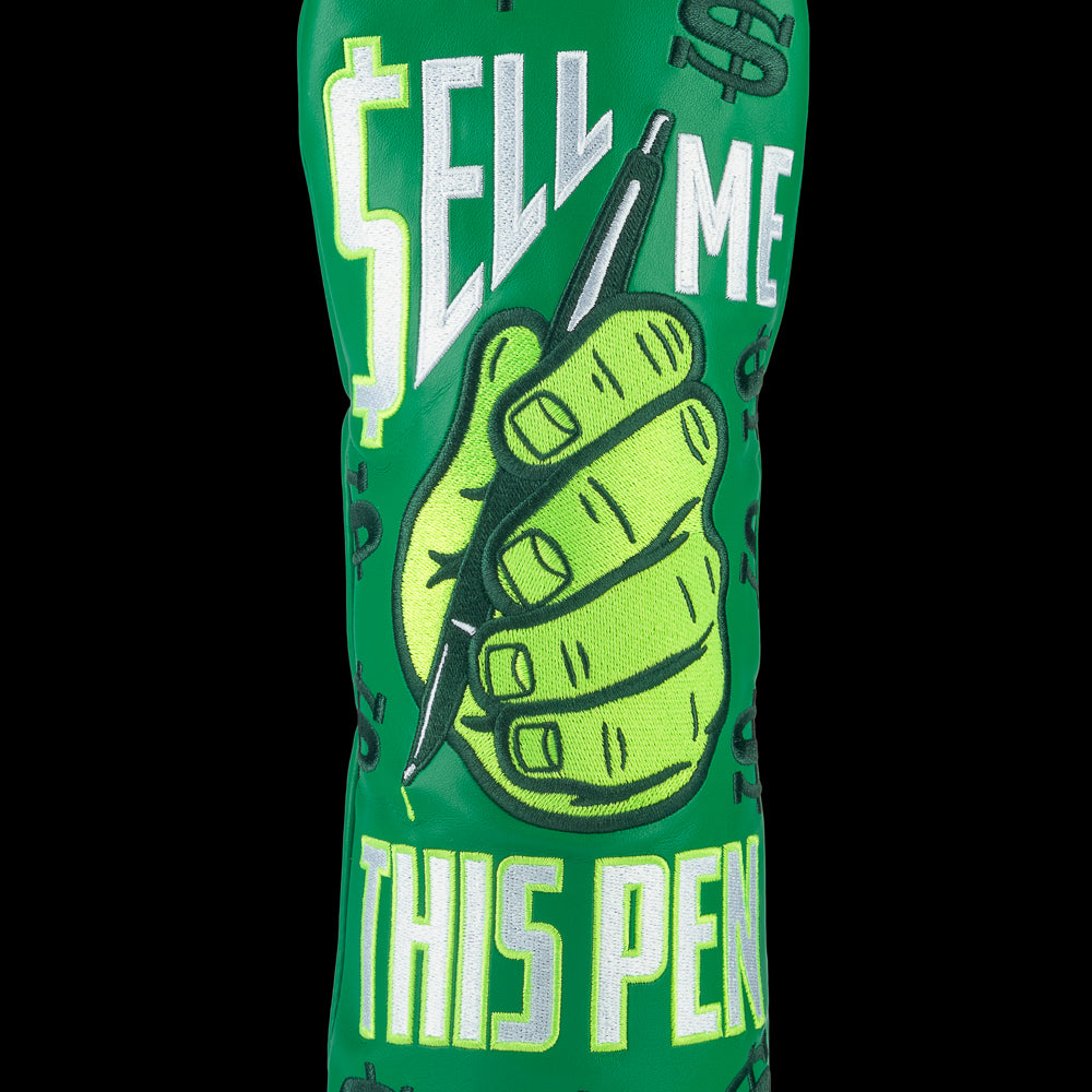Rewind Golf x Wolf of Wall Street official green Sell Me This Pen themed fairway wood golf headcover.