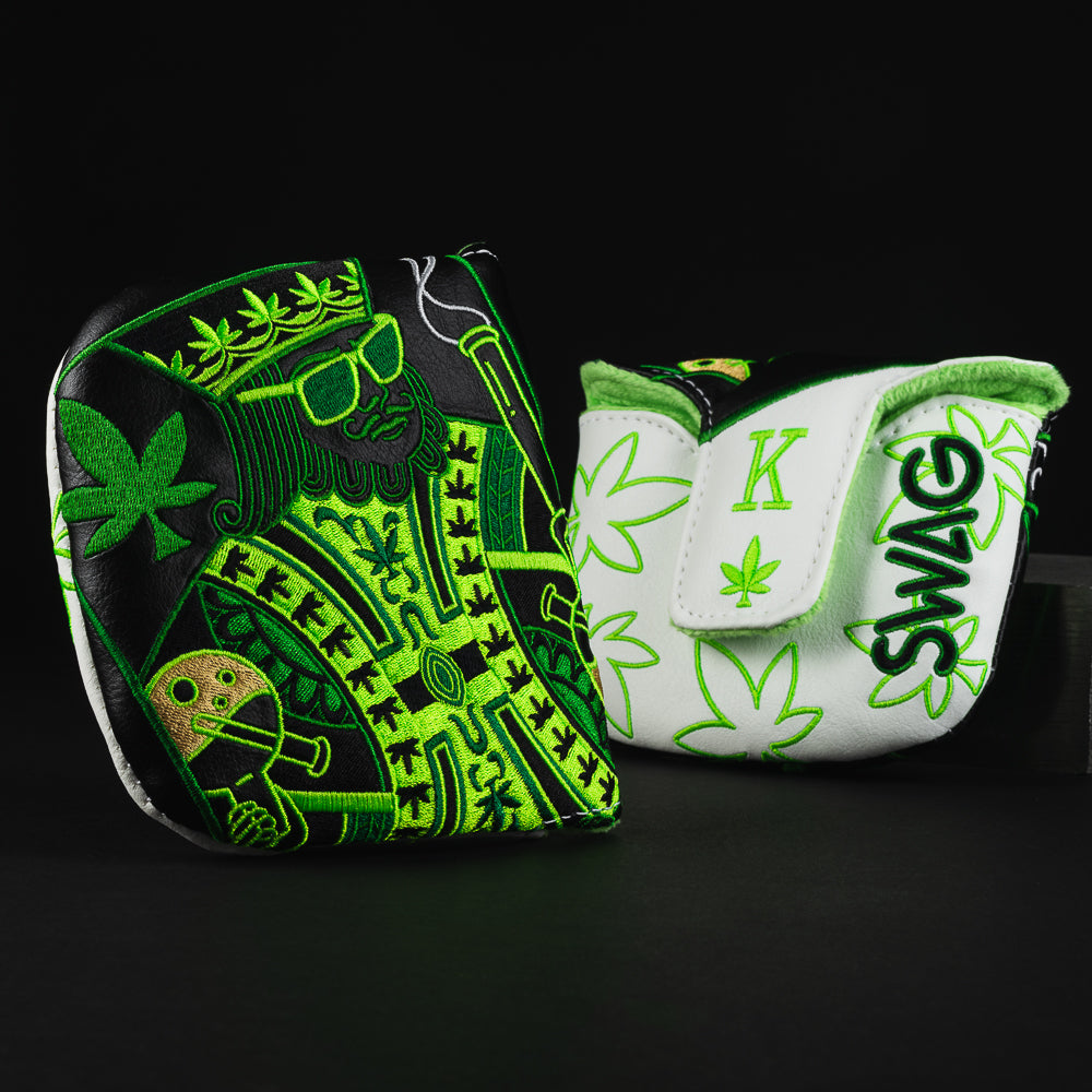 Royal highness king special black, white and green 420 themed mallet putter golf club head cover made in the USA.