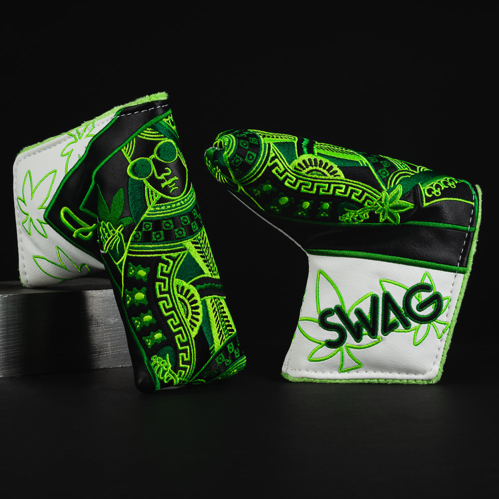 Royal highness queen special black, white and green 420 themed blade putter golf head cover made in the USA.