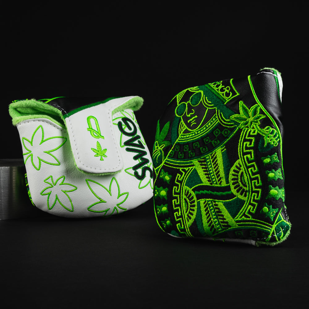 Royal highness queen special black, white and green 420 themed mallet putter golf head cover made in the USA.