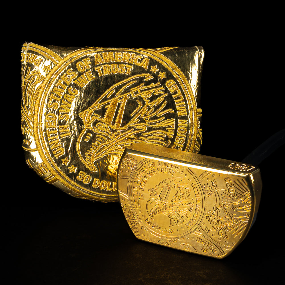 SWAG Golf 24K gold plated limited edition golf putter based on the Fifty Dollar Gold coin featuring eagle design and In SWAG We Trust slogan.