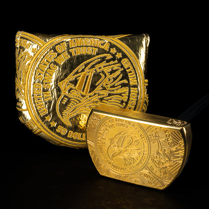 SWAG Golf 24K gold plated limited edition golf putter based on the Fifty Dollar Gold coin featuring eagle design and In SWAG We Trust slogan.