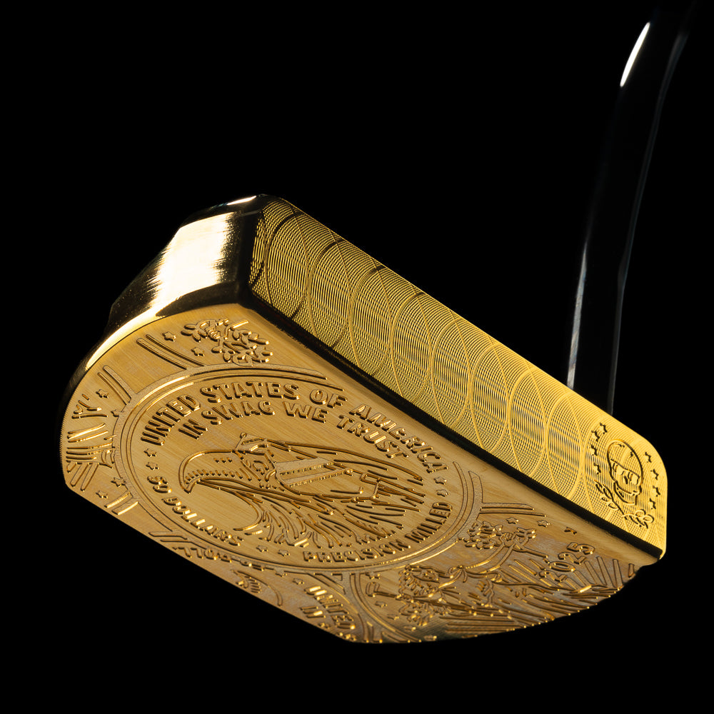 SWAG Golf 24K gold plated limited edition golf putter based on the Fifty Dollar Gold coin featuring eagle design and In SWAG We Trust slogan.